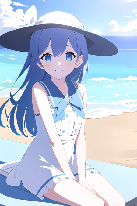 1girl, hat, solo, outdoors, day, blue eyes, smile, dress, sitting, looking at viewer, ocean, sleeveless, straw hat, sky, sleeveless dress, blush, cloud, between legs, blue sky, hand between legs, black bow, signature, bangs, bow, sun hat, frills, beach, v arms, ribbon, water, white dress, horizon, bench, blue dress, bare arms, bare shoulders, cloudy sky, parted lips, frilled dress, black ribbon, sidelocks, grin