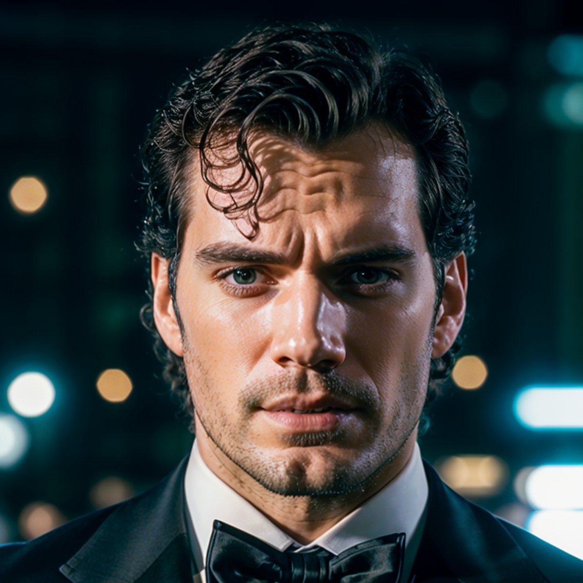 face portrait of henrycavill person using a tuxedo, in blade runner, professional photography, high resolution, 4k, detail...