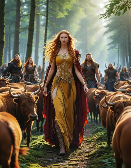 freyja, auburn hair, braided hair, magic, forest, viking queen, mythic beauty, <lora:NBN-Freyja_NordicByNature:0.8>, <lora:NordicByNature:0.8>,nbn-freyja in a Mead Hall, A strong, confident woman raising a drinking horn in a grand longhouse, surrounded by warriors celebrating a victorious raid.,high quality, film grain, Fujifilm XT3, 8k uhd, dslr, film grain, kodak tri-x 400 film, grain photo DOF, faint lighting, dynamic angle, cinematic, Depth of field, bokeh, best quality, cinematic, light particles, highly_detailed, very_aesthetic, golden hour, beautiful_and_aesthetic clear focus, high resolution image, ,Sexy pose, erotic pose, exhibitionism, ,tropical fruit market