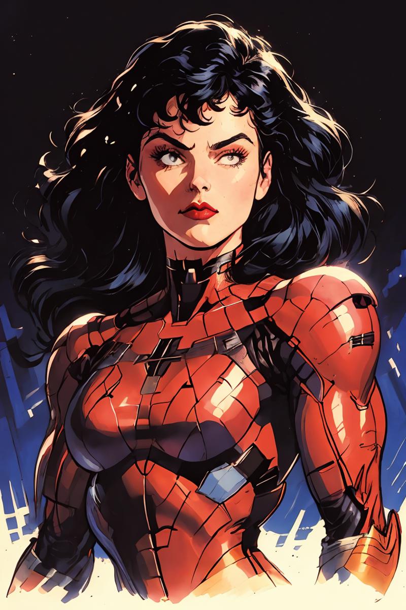 A woman wearing a red suit with spider eyes, possibly Spider-Girl.