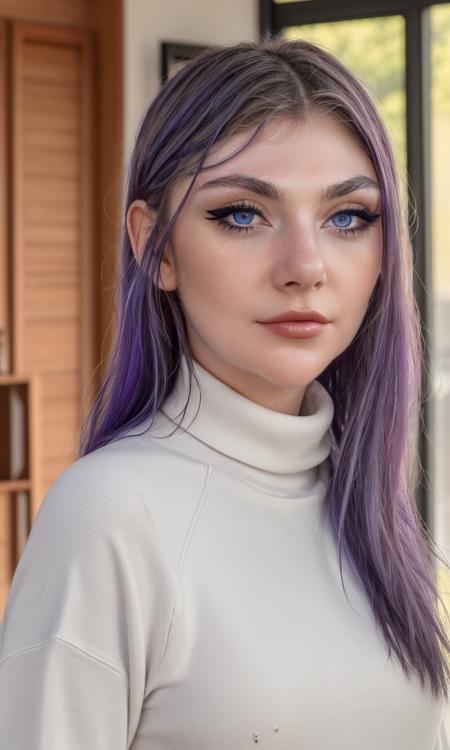 closeup, justAMinx2024, 1girl, best quality, masterpiece, 5 fingers, depth of field, raw photo, photorealistic, depth of field, long hair, looking at viewer, skin pores, mascara, focus on eyes, detailed eyes, detailed skin, turtleneck