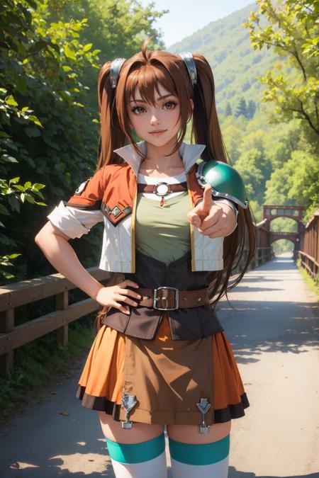 masterpiece, best quality, scEstelle, cropped jacket, green shoulder pad, tan shirt, orange skirt, belt, white thighhighs, cowboy shot, standing, looking at viewer, pointing at viewer, hand on hips, furrowed brow, smile, bridge, river, road, forest <lora:estelle-nvwls-v2-000009:1>