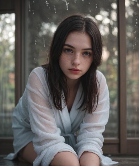 RAW Photograph,lens flare,dslr,soft lighting,high quality,film grain,Fujifilm XT3,insane details,masterpiece,8k,35mm photograph,dslr,kodachrome,vignette,vintage,Kodachrome,Lomography,stained,highly detailed,found footage,the background are black roses,rain,1girl,(22 years old, young:1.1),freckles,innocent,pale,sweaty,detailed skins,robe,(black legwear:1.1),pouting,blue eyes,pink rouge,wet hair,hazy,whip,
<lora:picxer_real:0.5>,