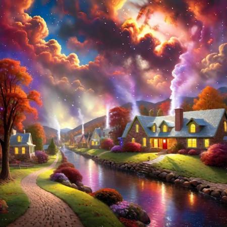 photo realistic, hyper detailed 8k Thomas Kinkade Style village with a large Thomas Cole Style landscape in   Style-Autumn with a sky like a nebula