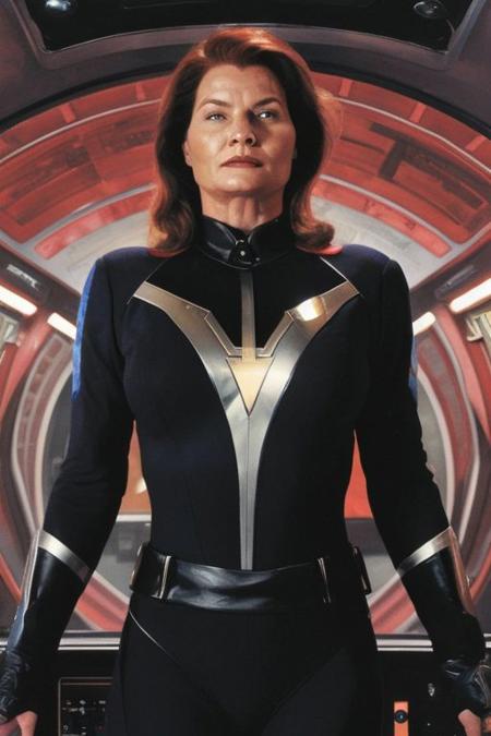 masterpiece, best quality, high quality, highres, ARTSTYLE_AlexRoss_ComicArt_ownwaifu, solo, Captain Janeway, played by Kate Mulgrew, Star Trek Voyager, upper body shot, wearing black and red Starfleet officer's uniform with a grey shirt collar, confident expression, realistic, starship bridge background, lora:ARTSTYLE_AlexRoss_ComicArt_ownwaifu-15:0.8, upper body, straight-on, looking_at_viewer, solo, starship bridge background