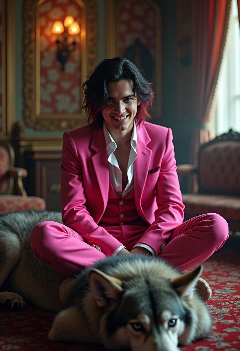 A hyper-realistic scene of a handsome young vampire with sharp fangs, smiling confidently. He is dressed in a shocking pink suit, stained with blood. His black hair, with red highlights, flows naturally as if caught in a gentle breeze. The vampire has piercing gray eyes, staring forward with an intriguing, captivating gaze. He is sitting cross-legged on the back of a large, gray wolf. The setting is inside a luxurious mansion, decorated in an opulent vintage style, with intricate, ornate furniture. Soft light enters from the front, illuminating the scene and enhancing the rich details.