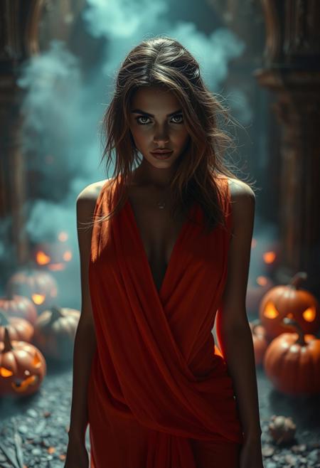<zoom out><Far angle Mid-Shot photo><Hyper realistic photo >,<full body photo >busty actress ((look alike of Adriana Lima )) in orange color attire, poster of a mystical horror movie about an evil, glowing in abandoned indian palace , swirling smoke, fog, and rotten halloween pumpkins around, closeup ,psychopath, crazy Woman, retro style of the 80s, cinematic poster, light atmosphere, interesting composition, depth of field, high-class professional poster, classic horror movie, scary creepy, ultra-detailed, realistic, beautiful face, brown eyes< Style: hyper-realistic, 8k Ultra HD, inspired by Pixar, Disney, Cinema 4D>