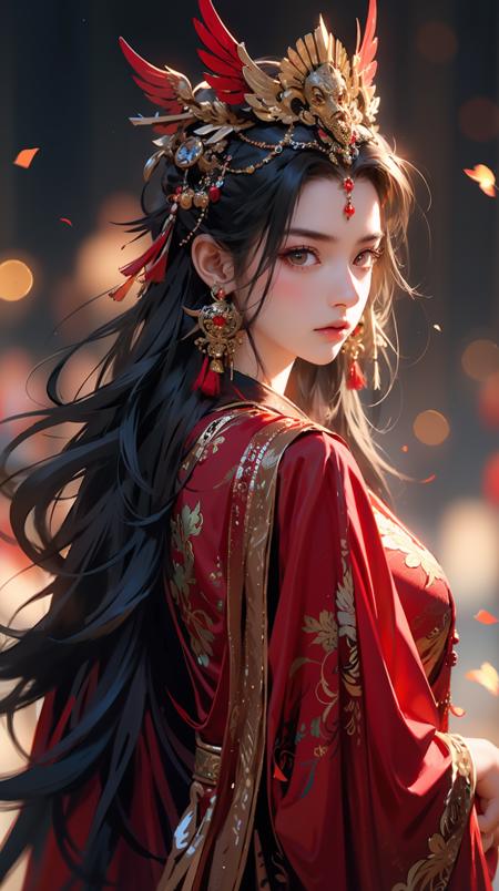 1girl,jewelry,earrings,solo,long hair,hair ornament,looking back,looking at viewer,red dress,black hair,upper body,closed mouth,blurry,dress,tassel,brown hair,feathers,from behind,chinese clothes,tassel earrings,<lora:å¤å éå¸:0.6>,disgust,frown,furrowed_brow,