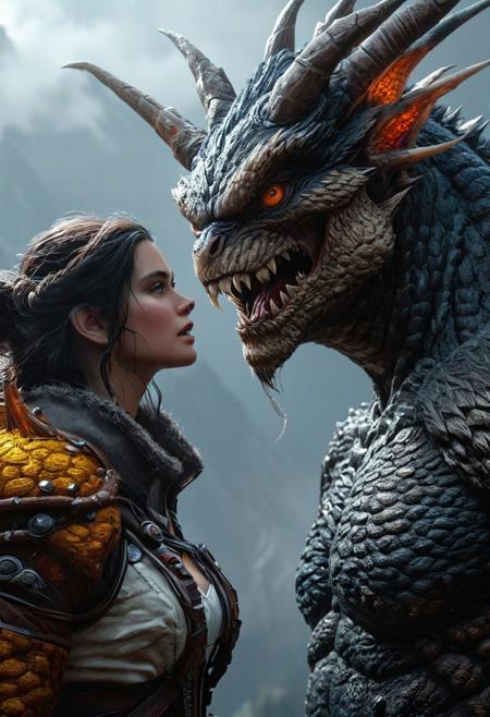 ultra-realistic, highly detailed, 4k, dramatic, concept art, couple, giant monster, fantasy art, digital art, close-up, dramatic lighting, trending on artstation, realistic matte painting, cinematic composition