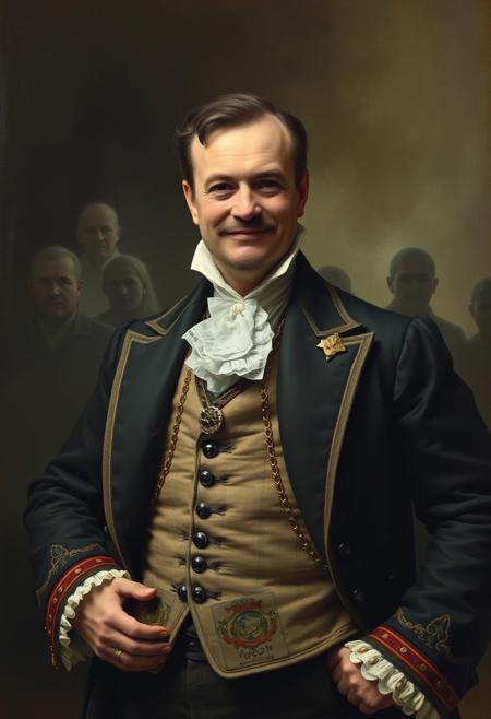 A traditional portrait painting in the style of John Singer Sargent or Francis Bacon. In the foreground, depict a wealthy, egotistical man in Victorian-era clothing, with a self-satisfied smirk. He should resemble an industrialist or factory owner, symbolizing greed and arrogance. His clothing is ornate and extravagant, emphasizing his wealth. He stands in a commanding pose, exuding an air of superiority. He surrounded by unearned wealth and oppulance.
In the background, faintly visible through a ghostly mist, are the shadowy, spectral figures of workers—men and women. They are ghostly apparitions oh a ghostly mist, are the shadowy, spectral figures of worf the laborers who have died building his fortune. These figures are haunting but subdued, as if emerging from the shadows, watching him silently. 
The overall tone of the painting should feel dark, gothic, and unsettling, with muted, cold colors like deep greens, grays, and blacks dominating the palette. It should feel haunted by death and unsettling.
