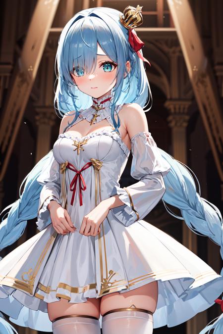 1girl, solo, very long hair, blue hair, twin braids, hair ribbon, white hairband, white ribbon, mini crown, blue eyes, bare shoulders, frilled dress, white dress, detached sleeves, white thighhighs 1girl, solo, long hair, white hair, twintails, fake animal ears, blue eyes, choker, neck ribbon, cleavage, black dress, see-through, detached sleeves, wrist cuffs, torn thighhighs, black thighhighs 1girl, solo, very long hair, blue hair, braided ponytail, beret, white headwear, blue eyes, black neckerchief, crop top, white shirt, long sleeves, midriff, pleated skirt, white skirt, white pantyhose