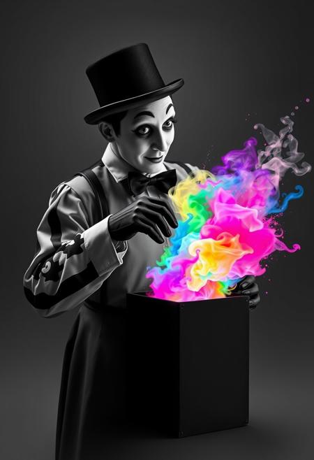 "Image of a mime, dressed in traditional black and white attire, opening a small mysterious box. The entire scene is rendered in black and white, with no hint of color anywhere. But as the mime lifts the lid of the box, a burst of vibrant, beautiful colors erupts from within. The colors are a riotous mix of pinks, blues, yellows, and greens, swirling and dancing in the air like a living thing. The mime's face is a picture of surprise and wonder, their eyes wide with amazement as they gaze at the colors that should not exist in this monochrome world. Style: surreal, dreamlike, and fantastical, with a focus on capturing the mime's shock and delight at the unexpected burst of color." Absurdres Highest-Quality, 4k