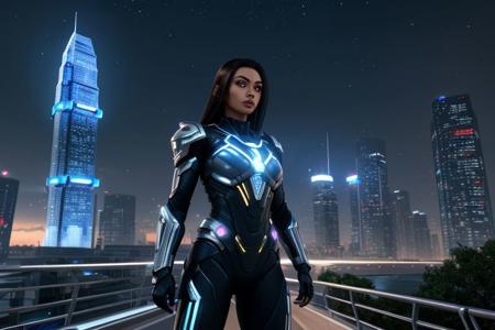 intricately detailed photograph of a gorgeous ((futuristic)) super-soldier of ambiguous ethnicity named Ava, detailed realistic eyes, detailed hair, detailed skin, wearing (sleek high-tech:1.1) power armor, appealing, eye-catching, aesthetic, (stunning shiny (advanced) outdoor nighttime future city:1.1), incredible metal buildings, impossibly tall ultramodern skyscrapers, full moon, stars, (amazing background:1.2), (vibrant colors), 8K, UHD, HDR, ultra-hd, cinematic, volumetric, dramatic, epic, realistic, breathtaking, impressive, high quality, best quality, masterpiece, (((anime))), (((cartoon))), (unreal engine 5), (raytracing)