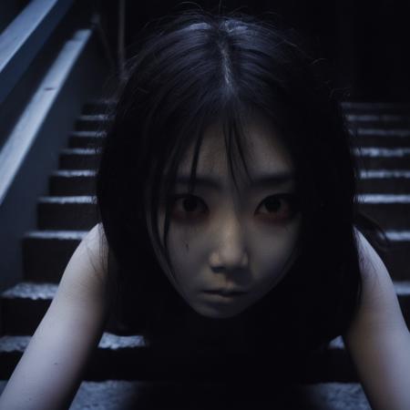 cinematic film still of  <lora:Kayako Saeki Sadako Yamamura:1>
Kayako Saeki a woman is laying crawling down on the stairs at night,1girl,solo,sitting,indoors,blood,stairs,dark , pale skin, supernatural, horror film, Japanese, extreme rage, sorrow, cinematic, film, movie, movie still, Ju-On The Grudge movie style, shallow depth of field, vignette, highly detailed, high budget, bokeh, cinemascope, moody, epic, gorgeous, film grain, grainy