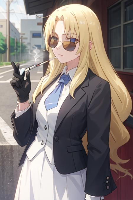 best quality, masterpiece, highres, solo, {black business suit:1.40}, {tie:1.20}, {sunglasses:1.25}, {white gloves:1.15}, {white shirt:1.10}, {black skirt:1.15}, {smoking:1.20}, handsome, {rita_ainsworth_sakurasounopetnakanojo:1.15}, blonde_hair, long_hair, blue_eyes, bangs, closed_mouth