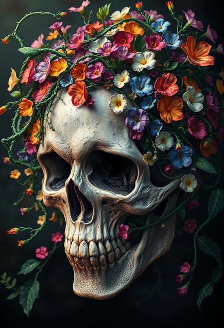 A skull, once a symbol of mortality and decay, is transformed into a breathtaking work of art as vibrant, beautiful vines and flowers burst forth from its empty eye sockets and mouth. The vines, a deep, rich green, twist and turn in intricate patterns, while the flowers, a kaleidoscope of colors, bloom in every direction, their delicate petals unfolding like tiny, colorful stars. Every detail of the scene is meticulously rendered, from the delicate, lace-like patterns on the vines to the tiny, shimmering dewdrops that cling to the petals. The overall effect is one of stunning, surreal beauty, as if the very essence of life has been distilled into this transformed skull, turning something once grotesque into a masterpiece of natural wonder. highest-Quality, intricate details, visually stunning, Masterpiece