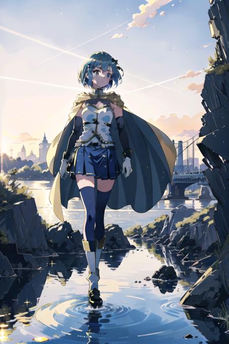 Sayaka Miki, 1girl, solo, (detailed reflective anime style eyes), cape, golden hour, detailed textures, walking by a river,  posing, casual pose, aesthetic, intricate, light rays, sunlight, sparkle, shimmer, sharp focus,  <lora:SayakaMiki:1>