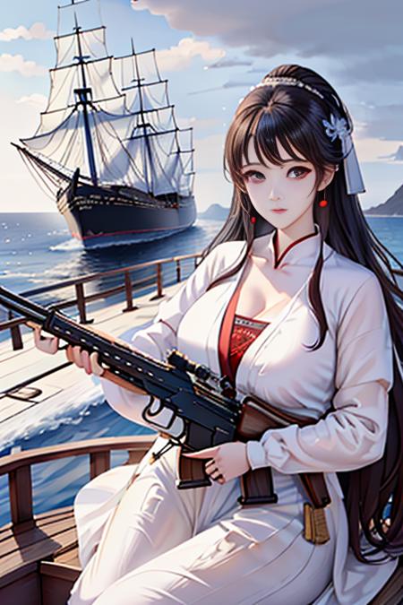 [((on ship deck,erjie,1girl,hanfu, <lora:Threesister-erjiev2:0.7>,alert,holding rifle,Aiming and shooting,from everywhere))],
masterpiece,highres, highest quality,intricate detail,best texture,realistic,8k,soft light,perfect shadow,
sea,sunny,cloudy,wind,wet, 
Age Of Wind,naval battle,conflict,bombard.firing,smoking,