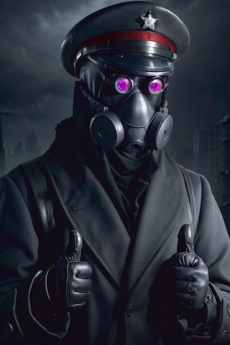 captain_zee  officer, uniform suit, peaked cap, gas mask, night goggles, cloth cloak