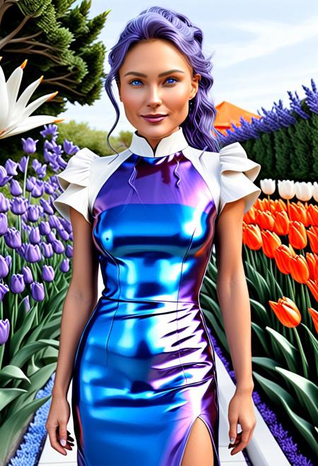 (A liquid metal dress made of l1qu1dp34rl:2.2), (pearlescent blue purple orange:2.2), dress made of l1qu1dp34rl, metal, pearlescent:2.2 (silver:2), 1girl, (European female:2), score_9, score_8_up, score_7_up, score_6_up, score_5_up, score_4_up, UHD, 8K, masterpiece, detailed, ultra_high_resolution, lots of detail, OverallDetailXL, detailxl, ADD-DETAIL-XL, regalres, Masterpiece, 32k, photorealistic:1.4, female, tall, small waist, toned muscles, wide hips, slender legs, high cheekbones, oval face, 32 years old, mature female, makeup, pretty face, Merger_mari_parox, closed clothes, high neck closure, fully dressed, DV_S2_La_Texia_Vicious, Victorian dress, (high closure dress), (garden:1.6), (tulips:1.3), Kelly Hu , muscular body, long ponytail, red streaks in hair, thick lips, mega ponytail, big hair, wrinkles, smiling, long hair, blue eyes, (white:2.5), fully dressed, PG rating.