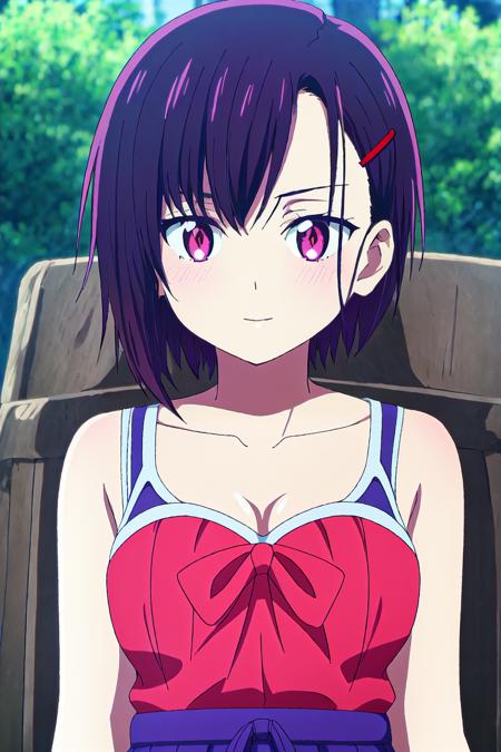 shizuka, short hair, red hairpin, dark purple hair, purple eyes, random sexy outfit, outdoor, 
high quality, best quality, ultra detailed, masterpiece, 1girl, woman, <lora:EMS-51745-EMS:0.800000>