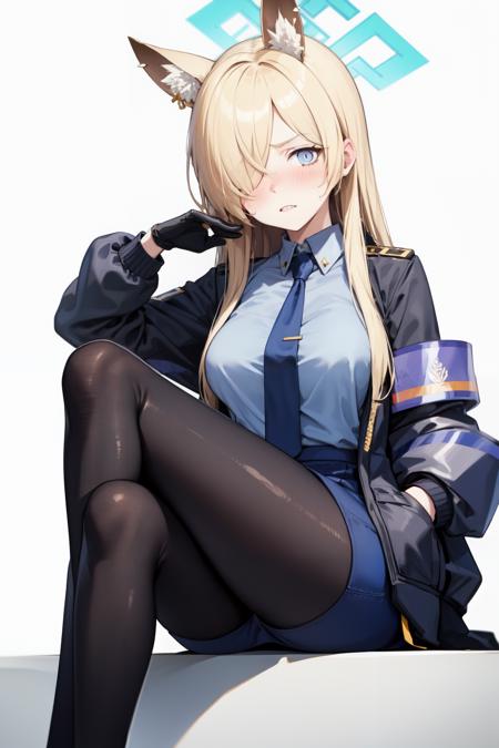 kanna(blue archive), shirt, uniform, black necktie, jacket, blue eyes, long hair, collared shirt, blue skirt, solo, feet out of frame, looking at viewer, blonde hair, crossed legs, black gloves, blush, white background, pantyhose, black jacket, blue shirt, shirt tucked in, long sleeves, sitting, animal ear fluff, necktie, halo, animal ears, 1girl, large breasts, black pantyhose, simple background, hair over one eye
<lora:kanna:1>