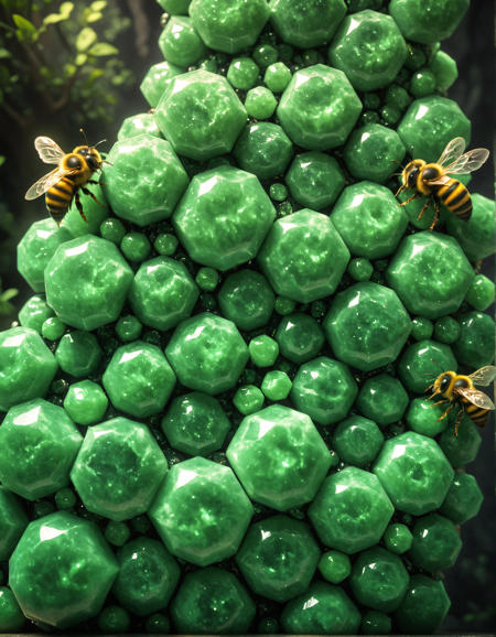 green jade crystal look, green theme, funny scene,best quality, 4k, 8k, high resolution, cinematic, vibrant, intricate, Hyperrealistic, high detail, closeup,  A jade-drizzled honeycomb held by obsidian bees that hum soft emerald melodies green light swirls and trails around