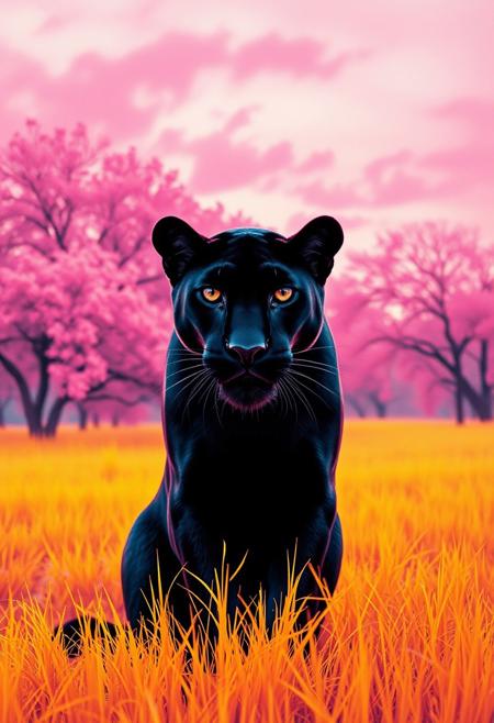 score_9, score_8_up, score_7_up, cinematic photo, dramatic lighting, a black panther staring at you from far away, pink sky, lush pink trees, yellow grass patch, asain style, David Hockney, Ascii art, gongbi, traditional chinese painting style, neon colors, <lora:Neon_Splash_Art_for_Pony:1>