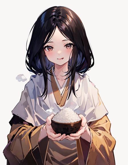 ricechan, 1girl, black_hair,solo, bowl, holding, japanese clothes, rice, kimono, food, steam, white background, simple background, long sleeves, upper body, holding bowl, brown kimono, looking at viewer, tongue out, bangs, smile, wide sleeves,  rice bowl,<lora:RicechanSekiroV1-000006:1>,