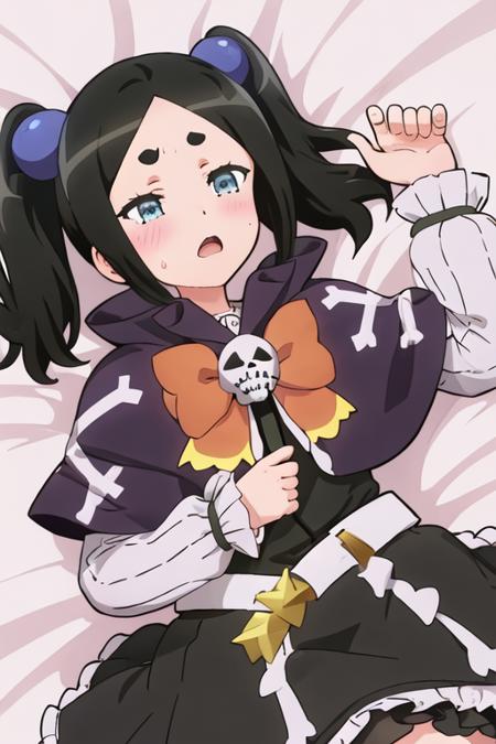 toxico_dannar_futokunoguild black_hair, twintails, blue_eyes, hair_ornament, blush, thick_eyebrows, open_mouth