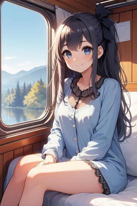 train roomette bunk bed pajamas looking out the big window breakfast on table wooden wall