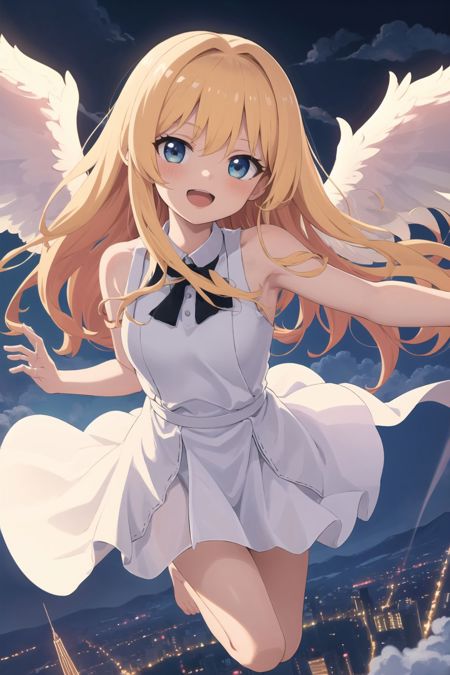 Anime,girl,wings,fly,black hair,smile,sky