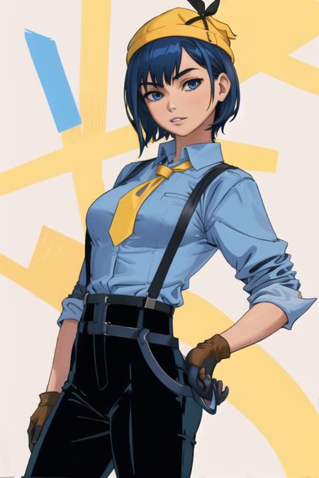 <lora:Flick:.7>, Flick, masterpiece, best quality, 1girl, solo, necktie, gloves, blue shirt, fingerless gloves, suspenders, blue eyes, short hair, shirt, hat, blue hair, black gloves, pants, cabbie hat, yellow necktie, blue headwear, breasts, looking at viewer, black pants, collared shirt, yellow background, lips, simple background, closed mouth, medium breasts, cowboy shot