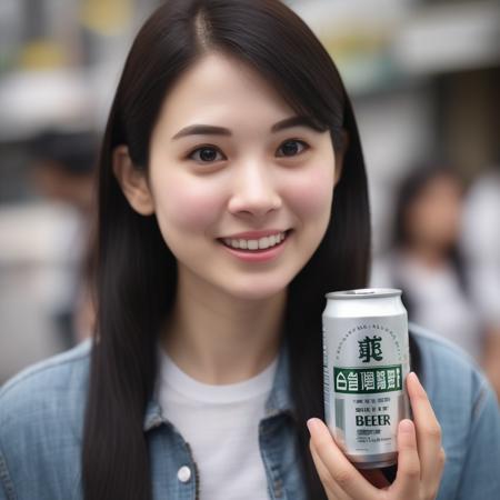 A photorealistic image of a young woman enthusiastically drinking beer from a small, silver-colored metal can. She should be holding the can with one hand, taking a big gulp, and her eyes should be closed to emphasize her enjoyment. The setting could be a casual outdoor gathering or a bar, with appropriate lighting to set a relaxed and cheerful mood. The can's label should be visible but not the main focus, and it should be clear that it contains beer. The can should be small enough to be held comfortably in one hand,<lora:twbeer3:0.75>,classicbeer,