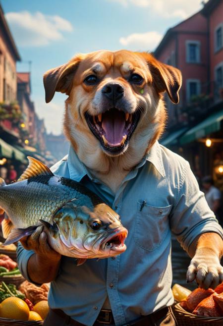 amazing quality, masterpiece, best quality, hyper detailed, ultra detailed, UHD, perfect anatomy, dof, portrait,  awesome, inspiring,  Expressiveh, realistic, high quality, 4K, absurd resolution, incredibly detailed, masterpiece, sharp, anthropomorphic , dog holding big fish in arms , killer , market background, extremely detailed, no humans, extremely detailed scales, sunlight, realistic, high quality, detailed, shadows, glowing, bright colors, high contrast, vivd lighting, cinematic composition, soft shadows, national geographic style,