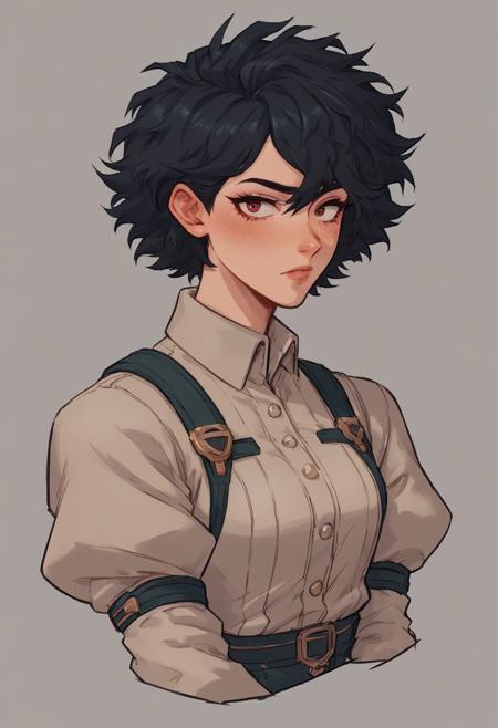 score_9,score_8_up,score_7_up,score_6_up,young hot woman, wearing a beige jumpsuit, wine-red puffy sleeve shirt, dark academia, black short hair, puff sleeves, countryside style, vintage outfit, classy jumpsuit, trouser suit
