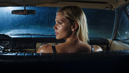 <lora:9351AF360B:0.8>  cinematic film still rear view shot of a wet woman sitting inside a impala car at night, foggy windows, rain outside, blonde hair, sitting in the front, wet shoulders