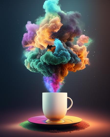 a cup of coffee with a tree in it, surreal art, awesome greate composition, surrealism!!!!, cafe in the clouds, perfectly realistic yet surreal, surreal realistic, floating trees, amazing composition, dream scenery art, whimsical surrealism, surreal composition, trending artistic art, surrealism art, surreal scene, surrealistic painting, surreal style, surreal illustration, dreamlike surrealism colorful smoke and fire coming out of it,explosion of data fragments,exploding background,realistic explosion,3d digital art 4k,fire and explosion,explosion,background explosion,cinema 4 d art,shattering,beeple. hyperrealism,explosion background,rendered in cinema 4 d,rendered in cinema4d,explosive background,