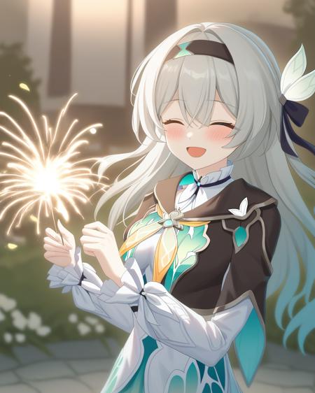 masterpiece,best quality,<lora:ireflyv1:1>,1girl, black capelet, black hairband, blush, chinese commentary, closed eyes, commentary request, firefly \(honkai: star rail\), green dress, hair flower, highres, holding fireworks, honkai: star rail, honkai \(series\), kokage \(chenff\), long sleeves, motion blur, multicolored dress, open mouth, smile, solo, sparkler, upper body, white dress, white hair