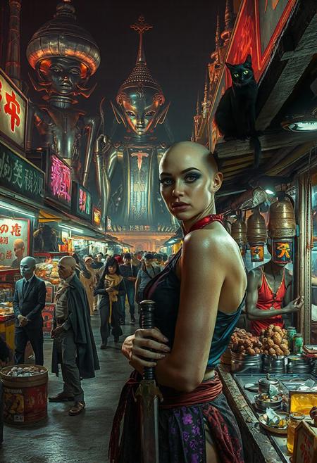 Setting is an extraterrestrial alien street market at night in a city of an extremely advanced extraterrestrial civilization, ((all writing is in an alien script)), ((all lighting is exotic and of an extremely advanced technology.,  the market is comprised of street vendors selling food, exotic technological wonders, and alien EXOTIC sexy clothing made from colorful iridescent fabrics. (((The many alien beings in view have a variety of appearances some are human-like, others are insectoid or feline or canine or reptilian, they are wearing a variety of clothing are walking through the street market shopping and eating))), A black cat with red collar sits on a nearby wooden roof at a market kiosk. Behind the a kiosk counter are containers of exotic goods, (((a beautiful woman with exotic features, 24 years old, is standing in the foreground facing the viewer with a her hand on the grip of a sword hanging from her belt. Her eyes are detailed and have the luminescence of fiery beautiful jewels focused on the viewer, she has an expression of interested curiosity))), the being is dressed in exotic style clothing of a completely exotic aesthetic. Enormous metallic statues and temples are visible in the background and around the scene and smaller statues are prevalent in the market, Epic image that elicits a feeling of wonder and awe, (((many types of aliens are walking around the market))),