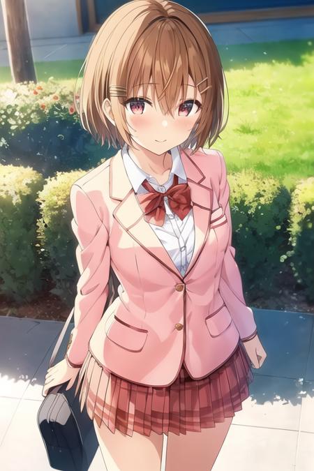 masterpiece, best quality,1girl,solo,kiryuu mizuha,brown hair,short hair,hair between eyes,red eyes,hairclip,bow tie,school uniform,pink jacket,white shirt,miniskirt,blue checkered skirt,socks,<lora:mizuha:0.6>,anime screencap,
