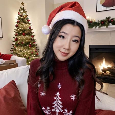 <lora:fuslie_sd15_512_128_64_v1:1> picture of fuslie long dark black hair, 1girl wearing red christmas santa hat,  wearing a turtleneck sweater, cozy fireplace in background, christmas decoration in background,