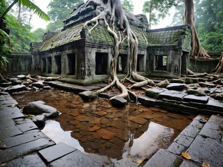 <lora:JJsTempleRuin_XL:1>,   (Temple Ruin)), ((masterpiece)), ((best quality)), scenery, outdoor, real world location, building, sky, cloud,,day,water,tree,  pool,forest,tree root, rain, wet stones,