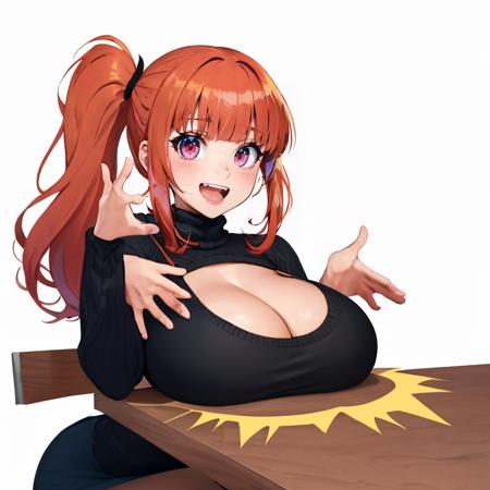 masterpiece, best quality, highres, <lora:FairArguementButV3-000110:1>, FALB, 1girl, red_hair, side_ponytail, pink_eyes, large_breasts, long_hair, open_mouth, blunt_bangs, blunt_bangs, smile, upper_body, sweater, cleavage_cutout, table, breast_drop, motion_lines, ^^^, trembling, cleavage,  bouncing_breasts,