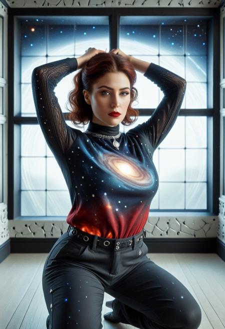 (CosmicStyle room:3.9), 1girl, pale beauty, (sharp focus:1.2), round cheeks, upturned nose, (detailed eyes:1.1), (luscious lips:1.1), (large eyes:1.0), depth of field, bokeh, 4K, HDR. hyper realistic, realistic eyes, (absurd res:1.1), (night), (moon light), score_9, score_8_up, score_7_up, score_6_up, masterpiece, high quality, (best quality:1.1), perfect red lips, parted lips, thick thighs, wide hips, big hair, wavy hair, green eyes, hands behind head, looking at viewer, photoshoot, 24 years old, Solo, hair decoration, black makeup, necklace, medallion, (CosmicStyle sweater:1.6), (CosmicStyle pants:1.7), Older woman, (muscular), (toned body), red lips, strong, secure, confident, (slim waist:1.9), realistic, real face, hyper realistic, influencer, beautiful, pretty, jewelry, (fully dressed:2), high neck closure, hemp clothing, cyberpunk, futuristic, (CosmicStyle window:2.5), (hands behind the head:2), (Victorian mansion), (fire place), sitting on the floor, dynamic attitude, inviting posture, (CosmicStyle walls:3), (night:2), (extreme feminine curves:2.4), (red glow:2).