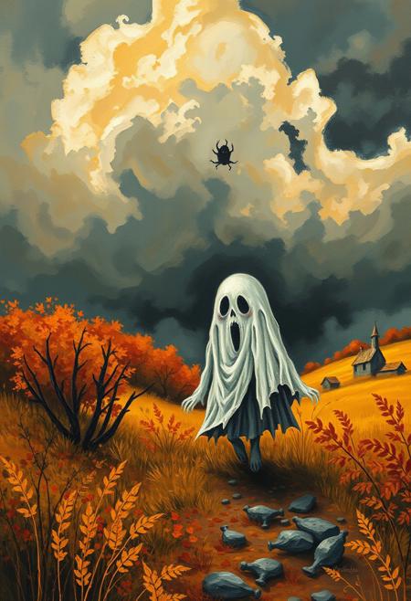 A detailed illustration of a creepy ghostly figure in a warm autumnal landscape, under an intense dramatic sky.  The painting is rendered with bold expressive brushwork and richly layered textures, creating a haunting atmosphere yet a sense of earthiness and coziness. The whimsical style is characterized by a blend of reality and fantasy.