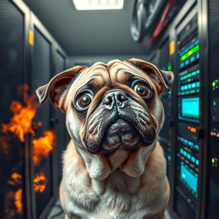 Funny Dog Eye Understanding Photo, 1 Dog, Pug, Frustrated, Trying to Fix Burning and Exploding Server Room