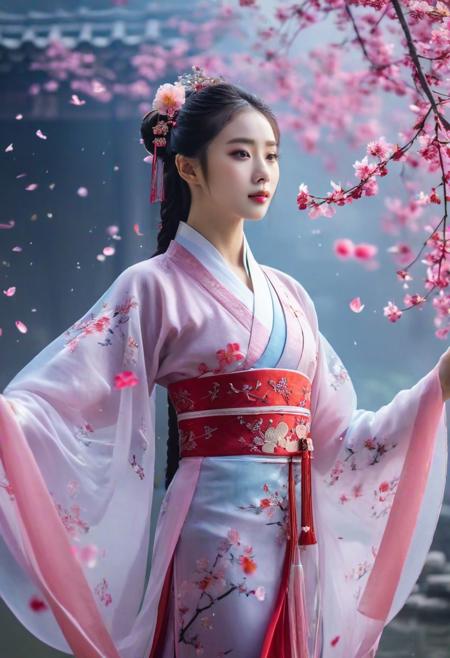 A very beautiful young woman in traditional Chinese clothing, Hanfu, very beautiful, fairy-like, with flower petals floating around, cinematic quality, ultra high quality, 4K, outstanding, detailed, full body shot