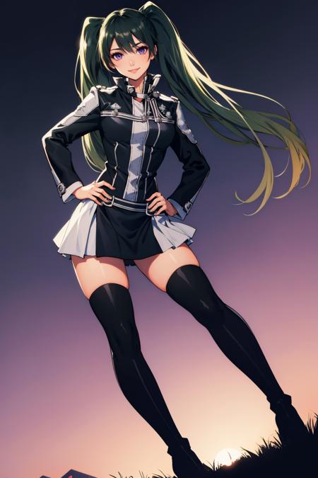 lenalee twintails, black jacket, black miniskirt, black thighhighs, knee boots