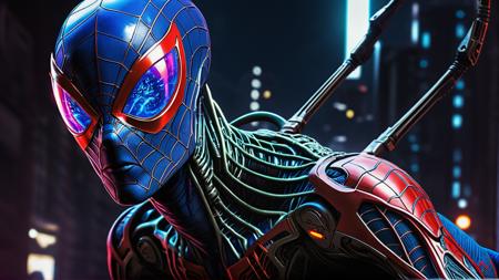 Alien-themed cyberpunk version of spiderman . Extraterrestrial, cosmic, otherworldly, mysterious, sci-fi, highly detailed